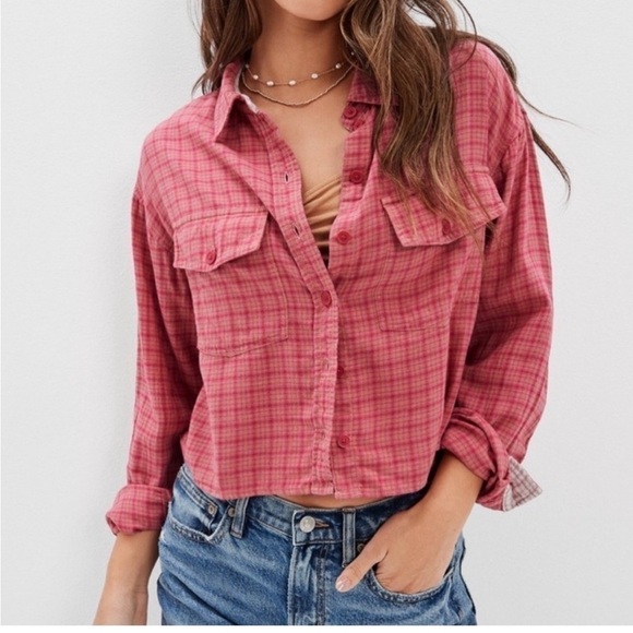 American‎ Eagle Crop Plaid Boxy Long Sleeve Red Button Down Boho Flannel - Picture 2 of 9